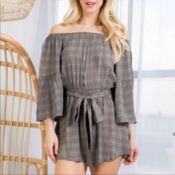 Boho Plaid Off Shoulder Romper | Bell Sleeve Cinched Waist Jumpsuit - Picture 6 of 11